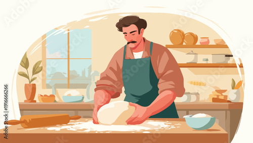 A man with a mustache kneads dough in a sunlit kitchen