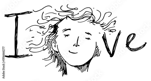 hand drawn sketch of word love with woman face as letter o