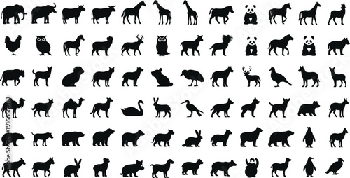 Vector illustration of diverse animal silhouettes in grid layout symbolizing wildlife, biodiversity, nature, education, culture, and decorative design
