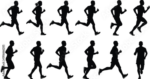 Set of Twelve Black Silhouette Men and Women Running and Jogging in Various Athletic Poses Isolated on a White Background