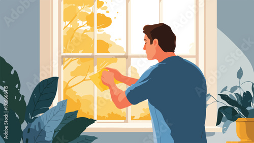Man cleaning a window with a yellow cloth, with plants and trees visible outside