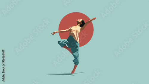 A dancer poised in mid-air against a soft blue backdrop with a red circle