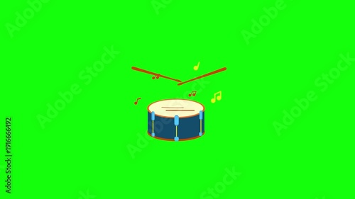 Looping 2D animation of a snare drum being played, two drumsticks bouncing up and down in rhythm on the drumhead, colorful music notes popping out, centered on bright green chroma key background.