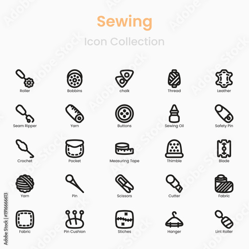 Vector sewing icon set with needle thread scissors and sewing tools