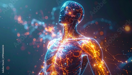 Dynamic visualization of a luminous human figure, representing the intricate interplay of biological consciousness and advanced digital intelligence, symbolizing evolution and potential