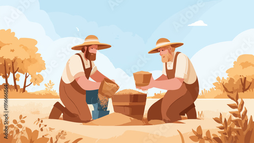 Two farmers with straw hats sort through grain outdoors under a blue sky