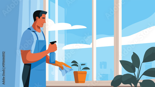 A person in an apron sprays a plant on a windowsill against a sky backdrop