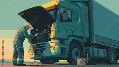 Mechanic in yellow cap checks open hood of teal truck at sunset