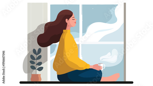Serene woman in yellow sweater enjoys a hot drink by a large window with abstract shapes