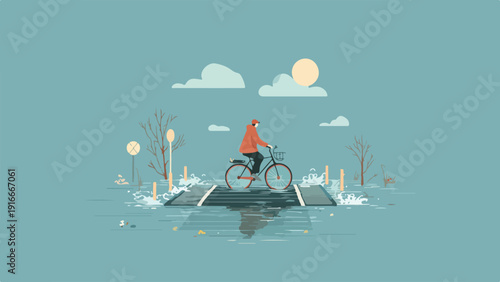Flooded street with person cycling through water and bare trees
