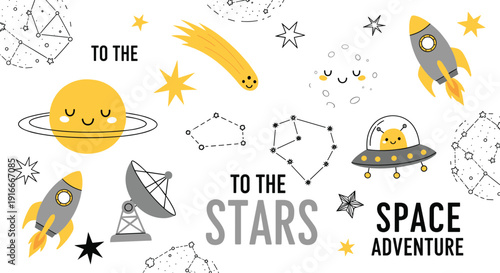 Cute Space Adventure Collection with Rockets Planets UFO and Star Constellations Vector Illustration Set for Kids Astronomy and Nursery Design