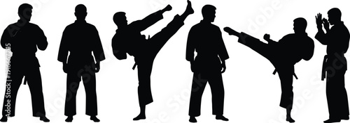 Karate silhouettes collection with high kicks and fighting stances isolated on white background, martial arts training and combat sport 