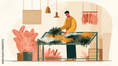 Person arranging flowers and greenery on a display rack in a shop with potted plants