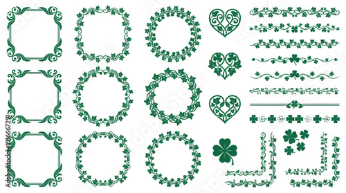 Green ornamental frame and border clipart set with wreaths, corners, circles and decorative motifs for invitations, scrapbooking and design projects