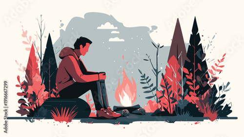 Person sitting by a campfire amidst stylized trees and foliage