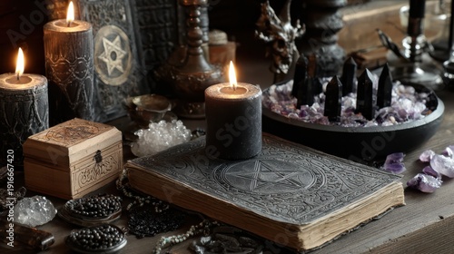 Dimly lit occult altar with a pentagram-embossed grimoire, burning candles, amethyst and clear crystals, talismans, and ritual objects arranged on a wooden table.