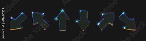  Holographic 3D glass arrow with iridescent gradient effect, transparent crystal shape floating on dark background, modern tech icon with neon blue dispersion light
