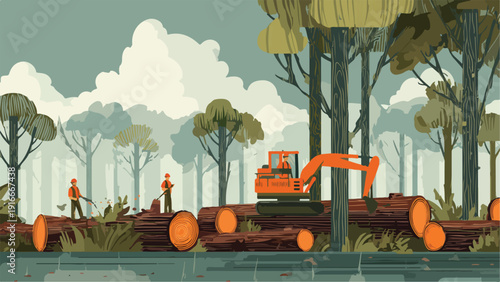 A stylized forest scene depicts lumberjacks and an excavator processing logs amidst trees and clouds