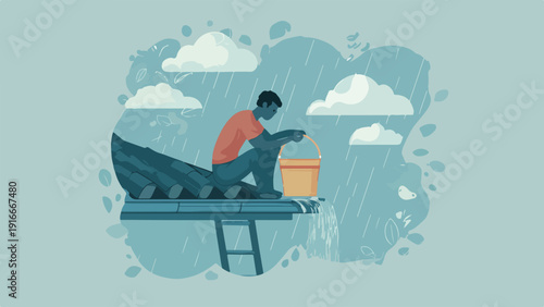 Person on roof collecting rain in bucket during storm, overflow