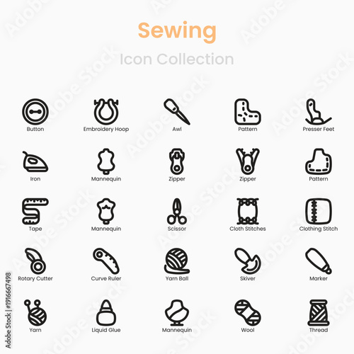 Sewing and tailoring vector icons collection for handmade and craft concepts
