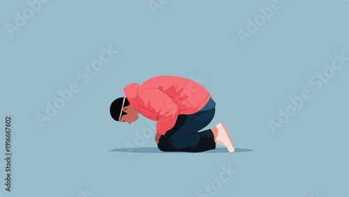 Person in a coral hoodie and dark pants kneels with head bowed on a blue background