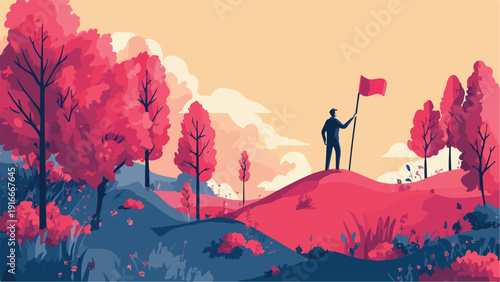 Silhouette of a figure holding a flag atop a hill amidst stylized pink trees