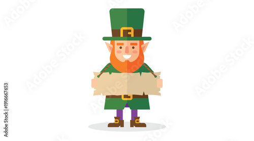 Cartoon leprechaun character with green hat, orange beard, and crossed arms in a festive Irish folklore illustration