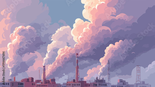 Industrial landscape with pink and purple smoke billowing from stacks under a pale sky