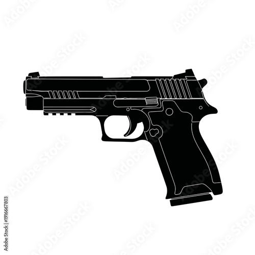Detailed black handgun silhouette isolated on a white background, ready for use.