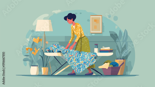 Woman ironing a patterned cloth on an ironing board amidst plants and decor