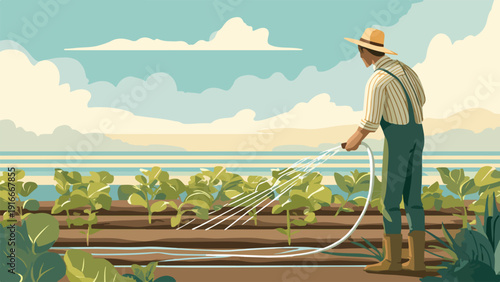 Farmer watering crops in a field with a hose, under a cloudy sky