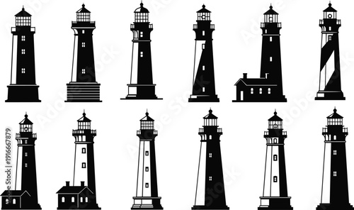 Lighthouse silhouettes collection isolated on white background, vintage and modern coastal beacon towers for maritime navigation, ocean safety and nautical design