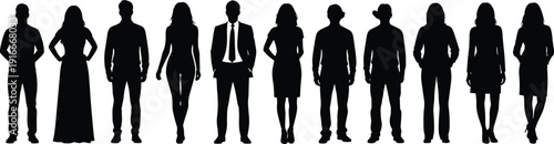 Silhouettes of diverse men and women standing side by side in suits, dresses, and casual clothing representing fashion diversityVV