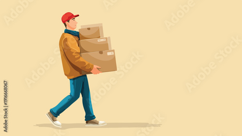 A delivery person walks carrying three stacked cardboard boxes