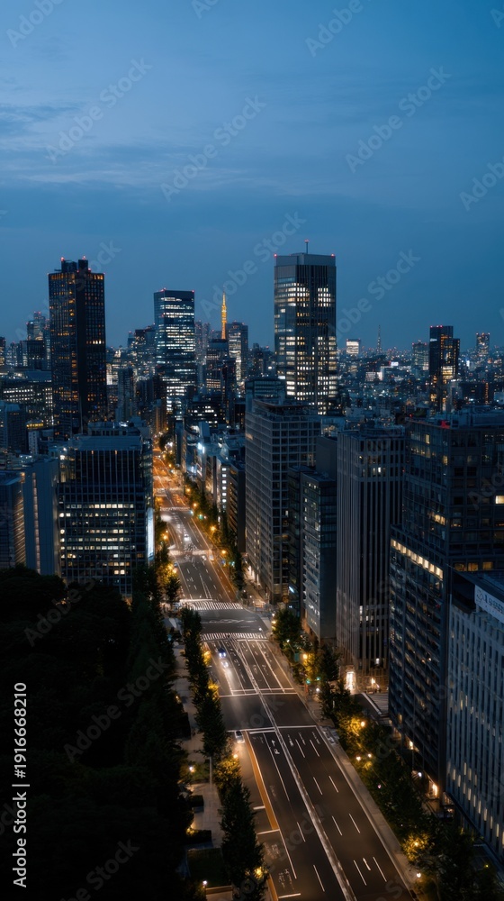 Obraz premium Night View of Tokyo Skyline with Illuminated Cityscape and Tranquil Streets
