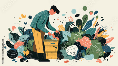 A person harvests produce from a lush, colorful garden filled with abstract plants and shapes