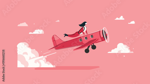 A person in a red jumpsuit flies an airplane with a propellor on a pink sky