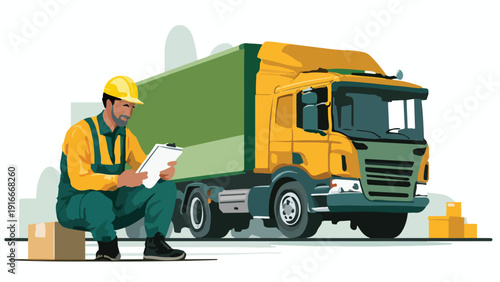 A worker in a yellow hard hat and green overalls checks a clipboard next to a yellow truck