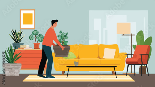 Man arranging plants in a modern living room with yellow sofa and red chair