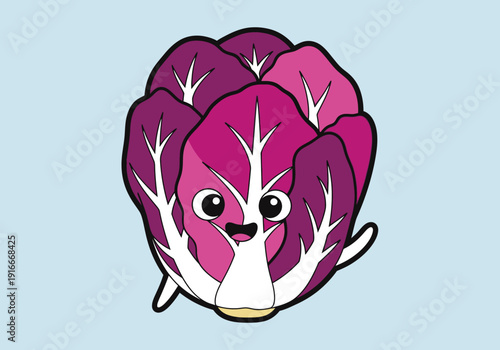 Cute cartoon radicchio vegetable character smiling happily.