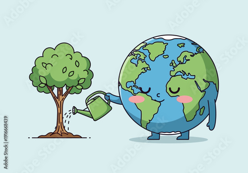 Cute Earth Character Watering a Small Tree.