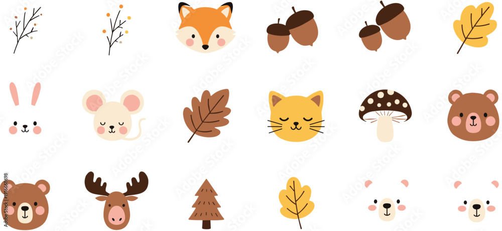 Fototapeta premium Cute Woodland Animal Icons Collection with Fox Bear Deer and Autumn Nature Elements Vector Set for Kids Design and Nursery Decor