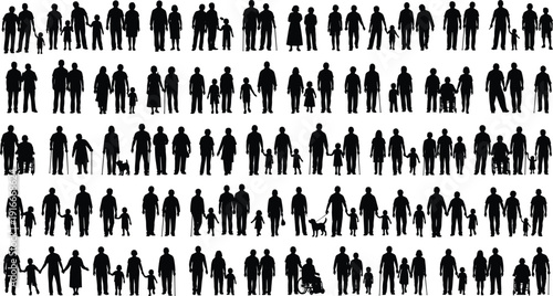 Vector illustration of diverse family silhouettes including adults, children, and wheelchair users symbolizing inclusivity, culture, education, and social values