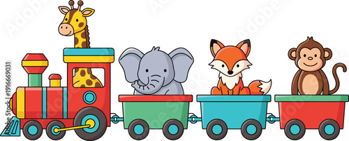 Cute Cartoon Toy Train Set Carrying Adorable Animals Including Giraffe Elephant Fox and Monkey in Colorful Wagons Isolated on White Background for Children Design