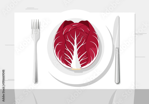 Fresh Radicchio Leaf Served on a White Plate with Cutlery.