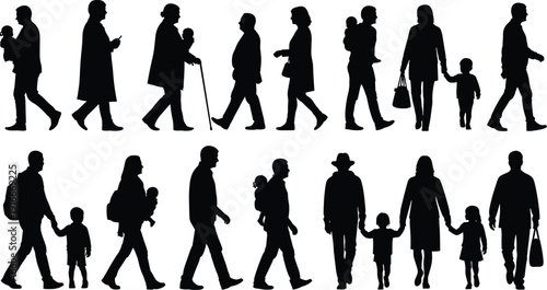 Walking people silhouette collection flavector featuring families parents children and elderly individuals isolated on white background for urban lifestyle designs.