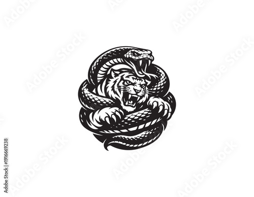 Tiger and snake fighting illustration vector graphic in hand drawn style. black and white