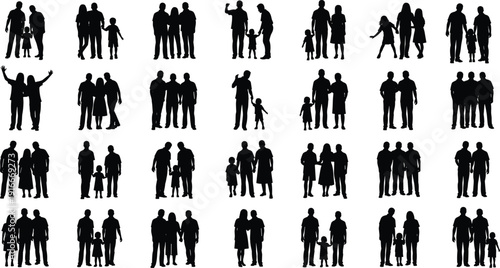 Vector illustration of diverse family silhouettes with adults and children symbolizing caregiving, inclusivity, culture, education, and social values