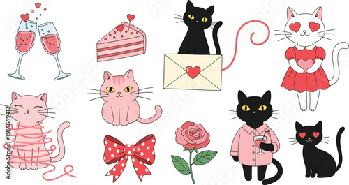 Cute collection of hand drawn Valentine cats featuring romantic black and pink kittens with hearts champagne cake and roses isolated on white background.