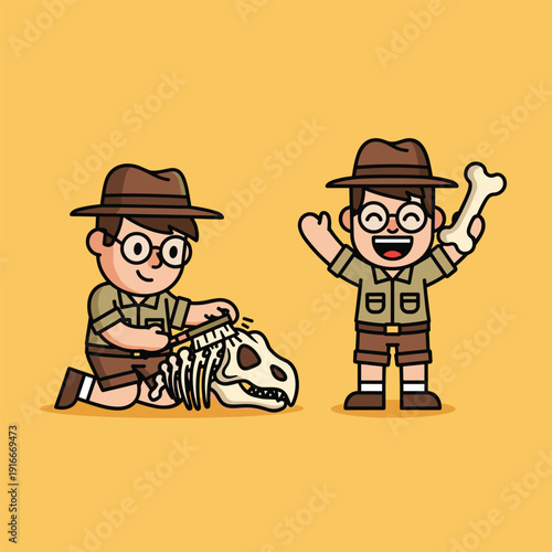 Cartoon Paleontologists with Dinosaur Fossil Remains.
